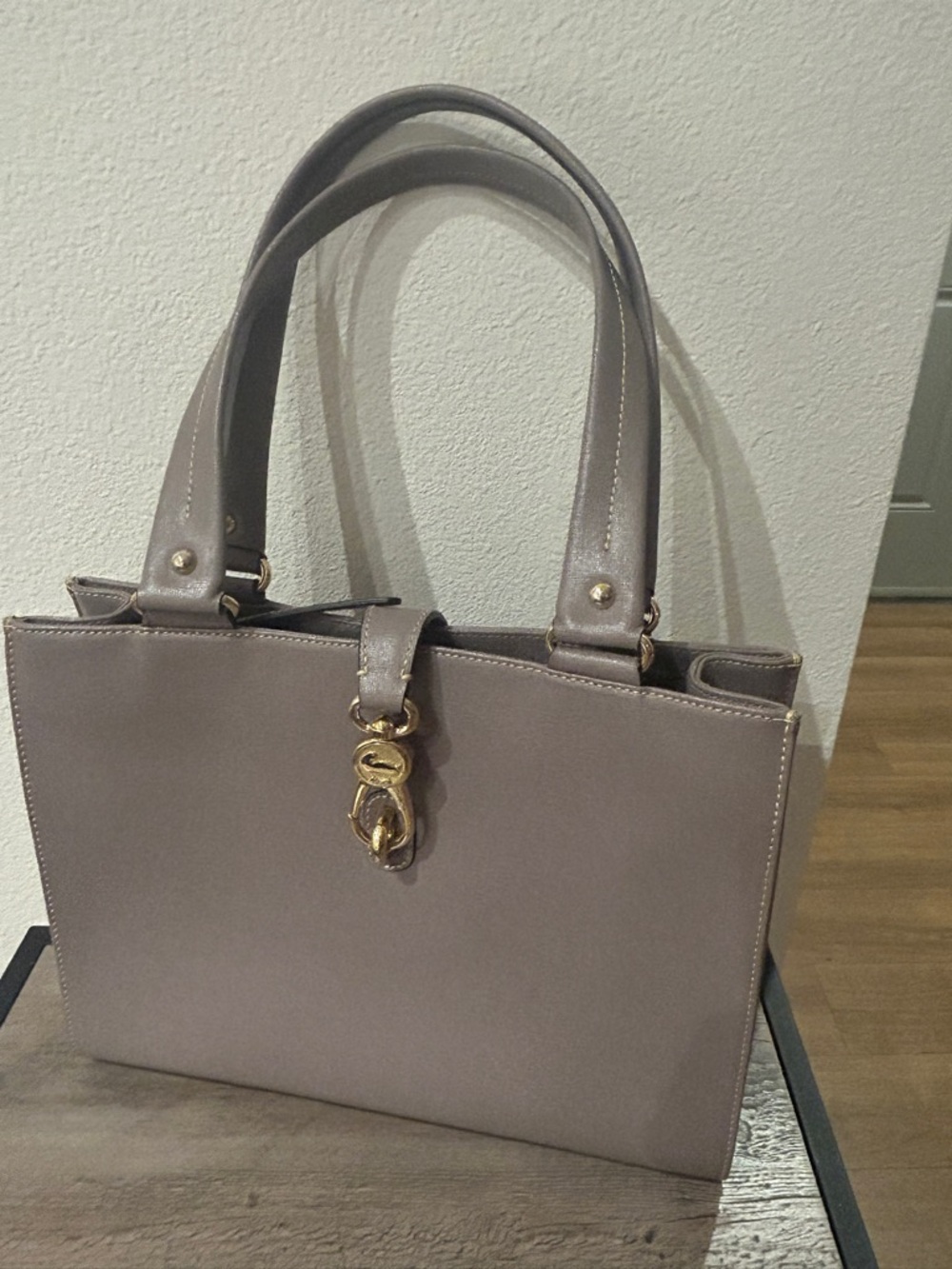 Dooney & bourke taupe turnlock slim triple compartment tote